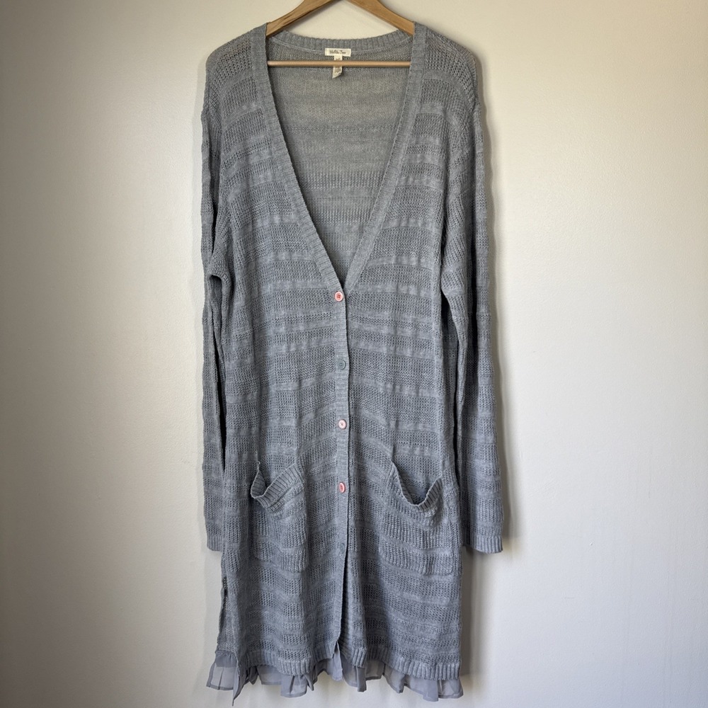 Matilda Jane Cardigan Sweater Womens 2X Gray Duster Boho Ruffle Long Buttons